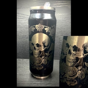 Black metal engraved THERMAL drink CAN Deluxe Skull & Rose collection etched personalised tattoo goth rock hot cold bottle flask whiskey art