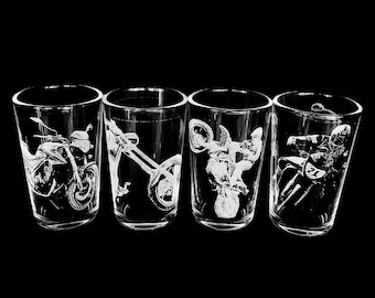 MOTORBIKE ENGRAVED SHOT glass set 4, rum chopper, racing  dirt bike bar etched personalised shooter photo design gift him whiskey biker club