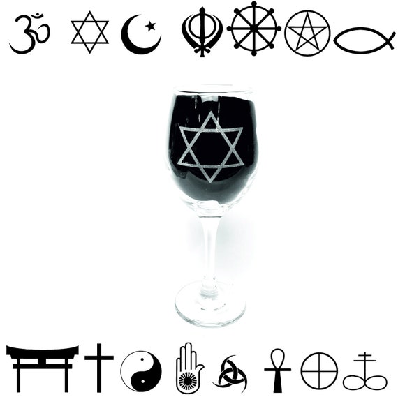 RELIGIOUS symbols ENGRAVED glassware, personalised etched glass, christian, hindu, pagan, islamic, judaism, taoism pint, whisky, gin, wine,