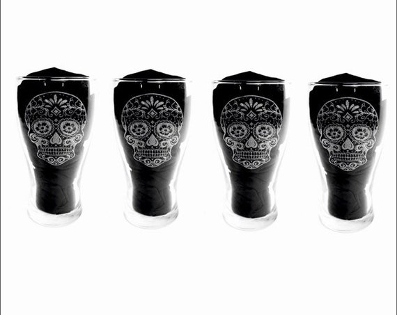 SUGAR SKULL Set 4 pint engraved glassware, etched day of the dead, gift. Wine, pint, whiskey, beer, tankard, gin, vase, glass, personalised