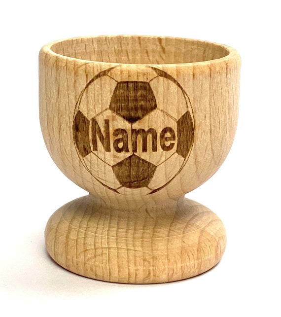 FOOTBALL EGG CUP wooden, engraved, personalised Easter, eco, many etched designs to choose , Buy 2 get 1 free, child, bunny, rabbit, gift