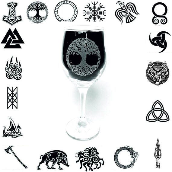 VIKING symbols ENGRAVED glassware, personalised etched glass, pagan, wicca, norse, dane, witches, mythology, pint, whisky, gin, wine, mug