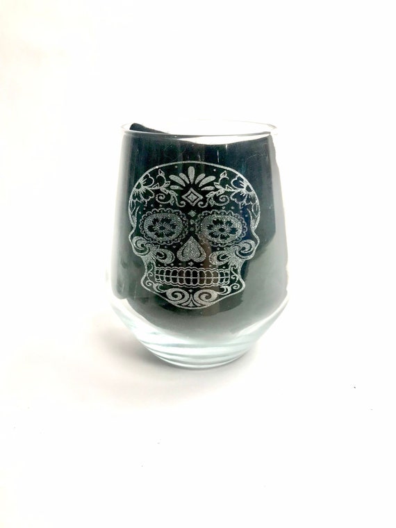 SUGAR SKULL STEMLESS personalised glassware, etched day of the dead, gift. Wine, pint, whiskey, beer, tankard, gin, vase,