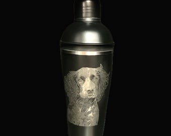 PHOTO engraved COCKTAIL SHAKER martini glass set personalised etched, vodka dirty, gift, whiskey, gin, bar, rum black, mixologist cup, dog