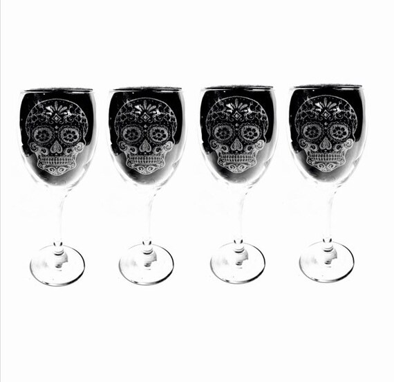 SUGAR SKULL Set 4 engraved glassware, etched day of the dead, gift. Wine, pint, whiskey, beer, tankard, gin, vase, glass, personalised