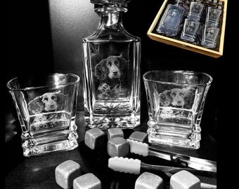 PHOTO ENGRAVED decanter & 4 whiskey glass set in wooden gift box, brandy, etched memorial, pet, dog, family, picture, gin Christmas him, dad