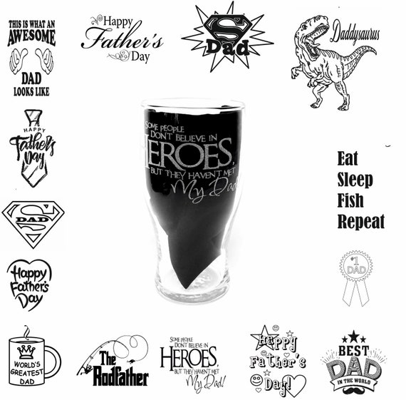 FATHERS DAY choice of engraved DESIGNS glassware, etched personalised gift. Wine, pint, whiskey, beer, tankard, gin, mug, fish, daddy, pop,