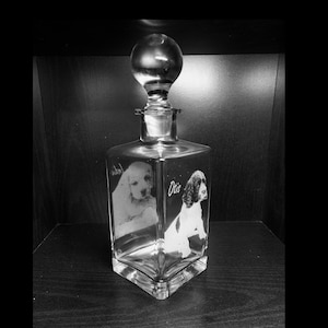 PHOTO ENGRAVED DECANTER, glass, whiskey, brandy, spirits, alcohol, etched memorial, pet, dog, family, picture, gin, Christmas gift him, dad