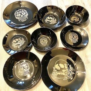 ENGRAVED BLACK, dinnerware, etched bowls, mug, pasta, rose goth, table, side plate, Christmas, dining, set, cat dog owl, skull elephant