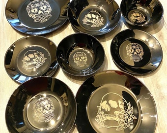 ENGRAVED BLACK, dinnerware, etched bowls, mug, pasta, rose goth, table, side plate, Christmas, dining, set, cat dog owl, skull elephant