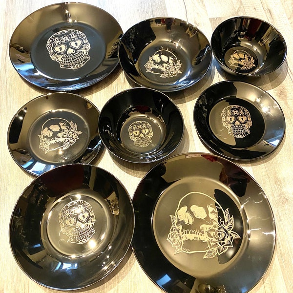 ENGRAVED BLACK, dinnerware, etched bowls, mug, pasta, rose goth, table, side plate, Christmas, dining, set, cat dog owl, skull elephant