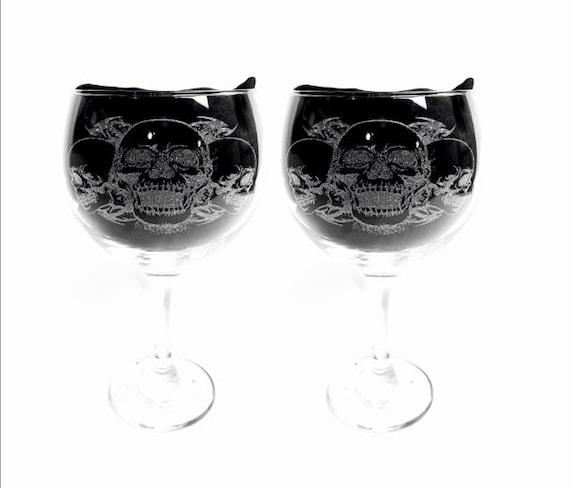 SKULL pair GIN engraved glassware, etched day of the dead, gift. Wine, pint, whiskey, beer, gin, vase, personalised glass