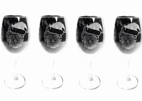 SUGAR SKULL CHRISTMAS Set 4 engraved glassware, etched day of the dead, gift. Wine, pint, whiskey, beer, tankard, gin, glass, personalised