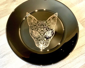 CAT ENGRAVED BLACK, dinnerware, etched bowls, plates, pasta, rose goth, table, side plate, Christmas, dining, set, cat dog owl, skull