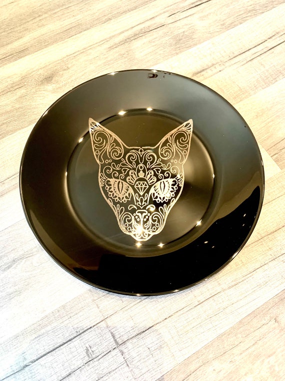CAT ENGRAVED BLACK, dinnerware, etched bowls, plates, pasta, rose goth, table, side plate, Christmas, dining, set, cat dog owl, skull