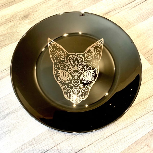 CAT ENGRAVED BLACK, dinnerware, etched bowls, plates, pasta, rose goth, table, side plate, Christmas, dining, set, cat dog owl, skull