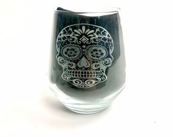 SUGAR SKULL Stemless wine glass, engraved glassware, etched day of the dead, gift, personalised