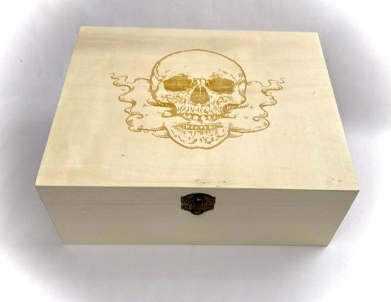 Personalised ENGRAVED SKULL SMOKE wooden box vape, day of the dead, storage, etched name, Christmas gift. Stash, tobacco, rolling