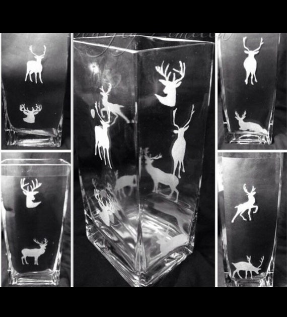 ENGRAVED VASE STAG deer, personalised etched glass gift, flowers, mother's day birthday, butterfly, dog, cat, giraffe, bird, elephant, owl,