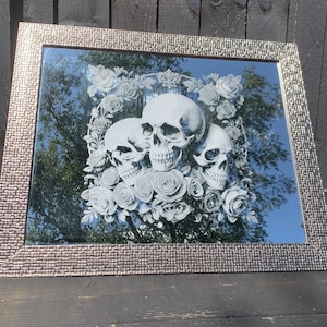 Deluxe SKULL & ROSE engraved MIRROR etched wall decor personalised silver goth tattoo, gothic, home, art, large, xl mosaic floral flowers