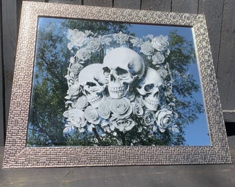 Deluxe SKULL & ROSE engraved MIRROR etched wall decor personalised silver goth tattoo, gothic, home, art, large, xl mosaic floral flowers