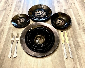 ENGRAVED BLACK, dinnerware, etched bowls, mug, pasta, rose goth, table, side plate, Christmas, dining, set, cat dog owl, skull elephant