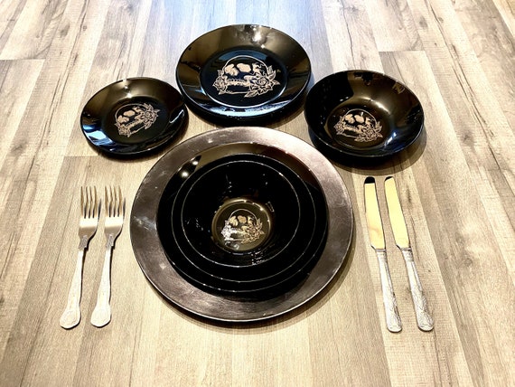 ENGRAVED BLACK, dinnerware, etched bowls, mug, pasta, rose goth, table, side plate, Christmas, dining, set, cat dog owl, skull elephant