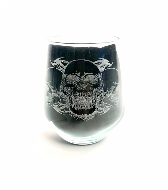 SKULL ENGRAVED STEMLESS glass personalised glassware, etched day of the dead, gift. Wine, pint, whiskey, beer, tankard, gin, vase,