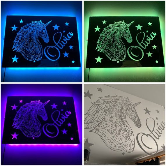 UNICORN LIGHT up MIRROR personalised engraved acrylic wall led sign. bedroom, nursery, playroom, name, boys, girls gift, green, purple