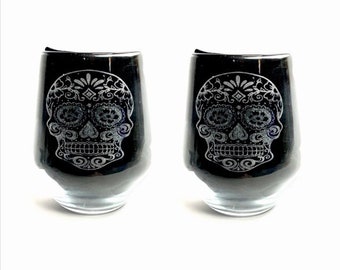 SUGAR SKULL Stemless wine pair glass, engraved glassware, etched day of the dead, gift, personalised