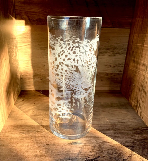 LEOPARD engraved VASE Mother’s Day personalised etched glass gift, flowers, wife, cat, dog, pet children, family mum, mom, nanna, Nan, print