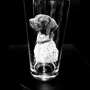 Può includere: Un bicchiere da pinta trasparente con un'immagine incisa di un cane. Il cane indossa un collare e guarda a sinistra. Il bicchiere è su una superficie nera.