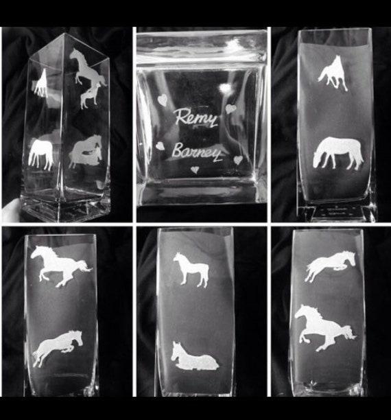 ENGRAVED VASE  HORSE, personalised etched glass gift, flowers, mother's day birthday, butterfly, dog, cat, giraffe, bird, stag, owl,