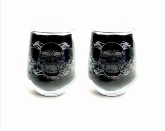 SKULL Stemless wine pair glass, engraved glassware, etched day of the dead, gift, personalised