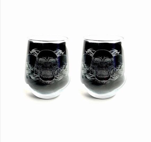 SKULL Stemless wine pair glass, engraved glassware, etched day of the dead, gift, personalised