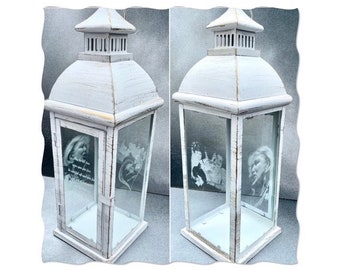 Large PHOTO engraved LANTERN, etched memorial, candle holder, indoor, outdoor light, chic, vintage, metal decor pet, dog, family grave white