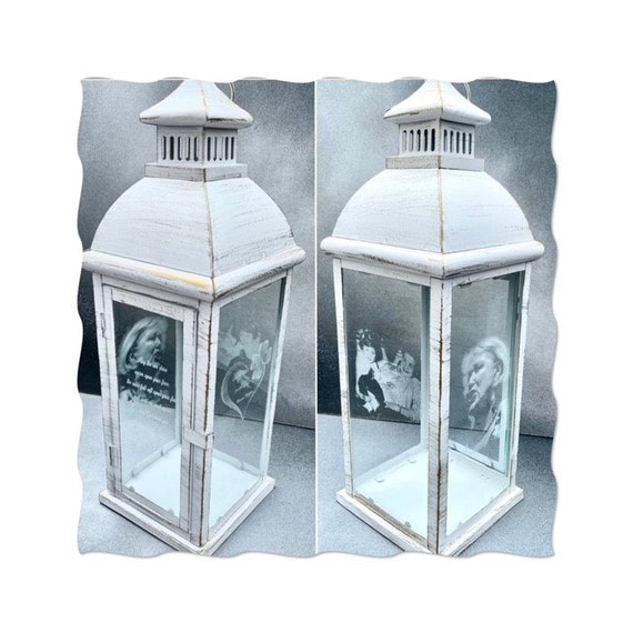 Large PHOTO engraved LANTERN, etched memorial, candle holder, indoor, outdoor light, chic, vintage, metal decor pet, dog, family grave white
