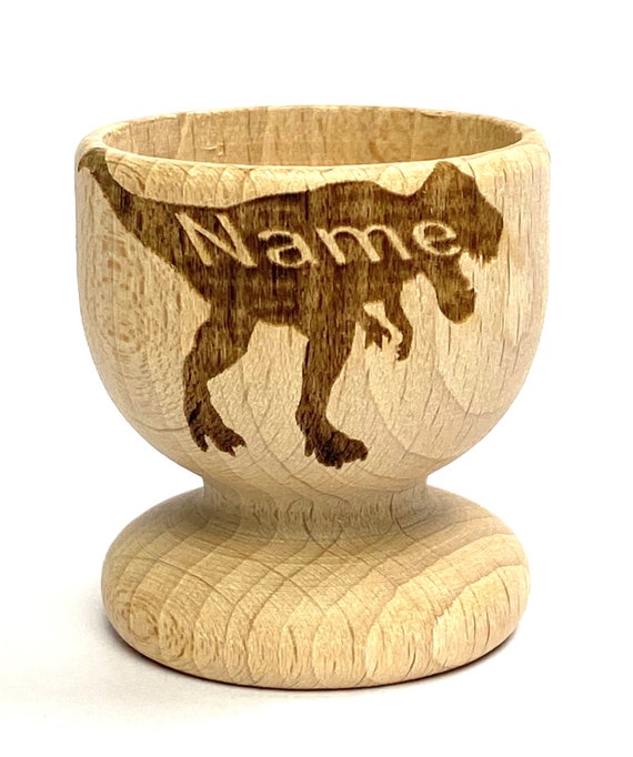 T-REX dinosaur EGG CUP wooden, engraved, personalised Easter, eco, many etched designs to choose , Buy 2 get 1 free, child, bunny, gift