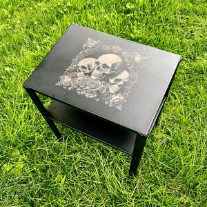 Black metal SKULL ENGRAVED TABLE Deluxe Skull & Rose collection coffee side, end bedside shelf etched personalised tattoo goth rock art