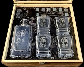PHOTO ENGRAVED decanter & 4 whiskey glass set in wooden gift box, brandy, etched memorial, pet, dog, family, picture, gin Christmas him, dad