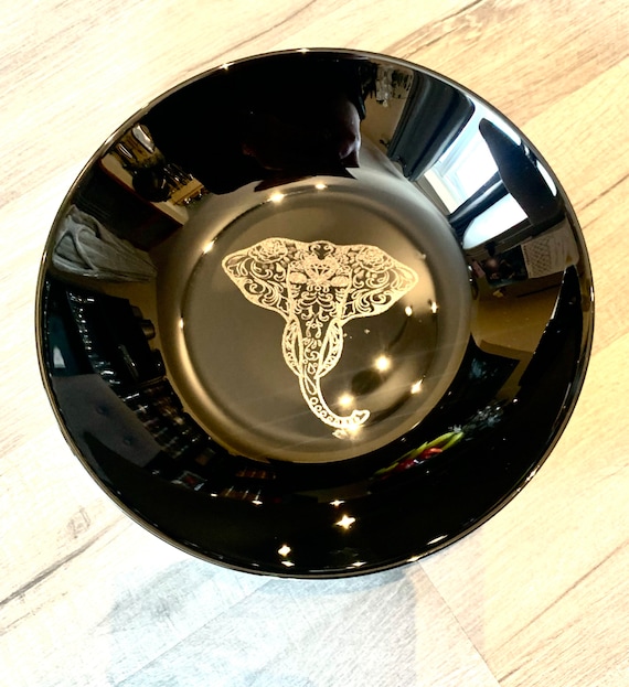 ELEPHANT ENGRAVED BLACK, dinnerware, etched bowls, plates, pasta, rose goth, table, side plate, Christmas, dining, set, cat dog owl, skull