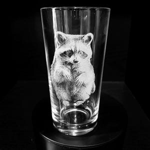 RACOON ENGRAVED glass, personalised, etched, gift, wine, whiskey, gin, vase, photo, picture, beer, decanter, tankard, dad, mum