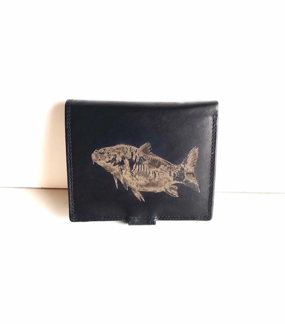 MIRROR CARP engraved WALLET, etched black leather gift, men, dad, father, bifold, grandad, Christmas personalised, fishing, fish trout, pike