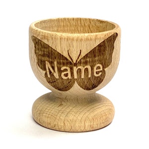 BUTTERFLY EGG CUP wooden, engraved, personalised Easter, eco, many etched designs to choose , Buy 2 get 1 free, child, bunny, rabbit, gift