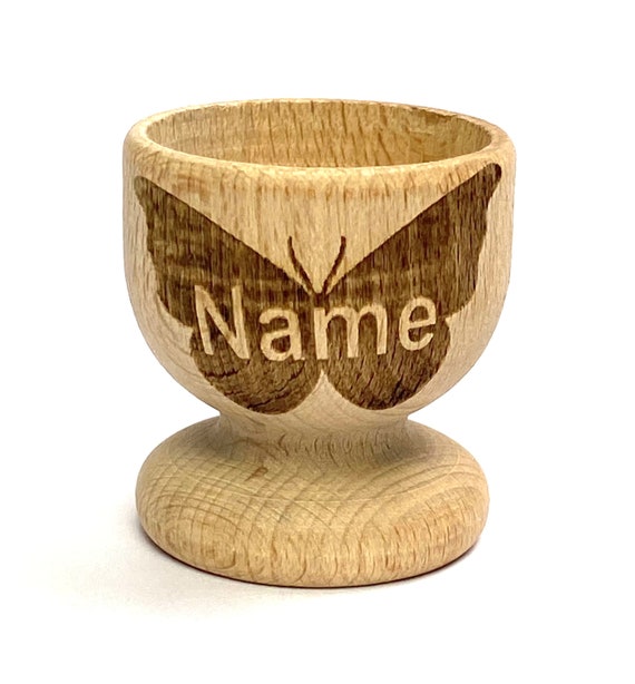 BUTTERFLY EGG CUP wooden, engraved, personalised Easter, eco, many etched designs to choose , Buy 2 get 1 free, child, bunny, rabbit, gift