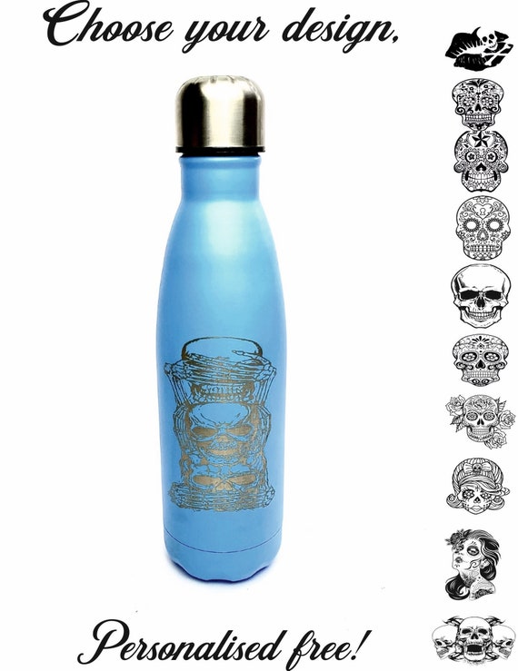 ENGRAVED SKULL cold/ hot thermo stainless steel etched bottle, personalised drink, pink, blue, black, purple, red, 500ml sugar, day of dead,