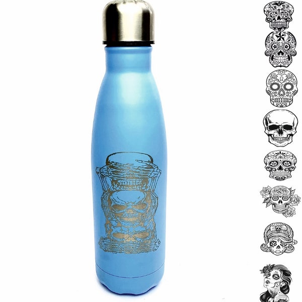 SKULL GRAVÉ froid / chaud thermo en acier inoxydable bouteille gravée, boisson personnalisée, rose, bleu, noir, violet, rouge, 500ml de sucre, jour de mort,