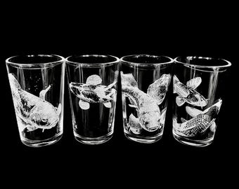 KOI ENGRAVED SHOT glass set 4, rum, pond, bar, etched personalised shooter photo design gift fishing for him whiskey carp Japanese