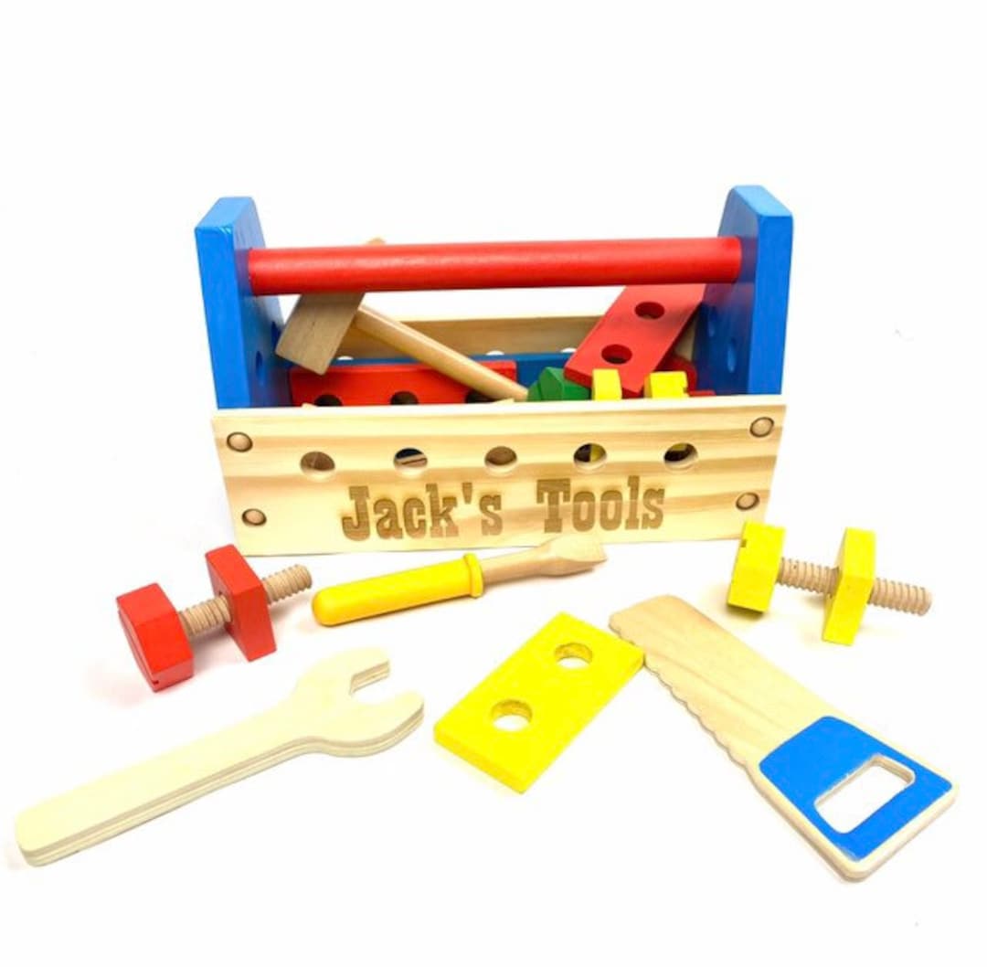 Childrens WOODEN TOOL KIT Engraved Box, Personalised Toy, Christmas