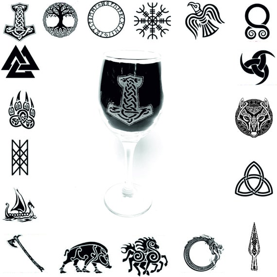 VIKING symbols ENGRAVED glassware, personalised etched glass, thors hammer, norse, dane, odin, freya, mythology, pint, whisky, gin, wine